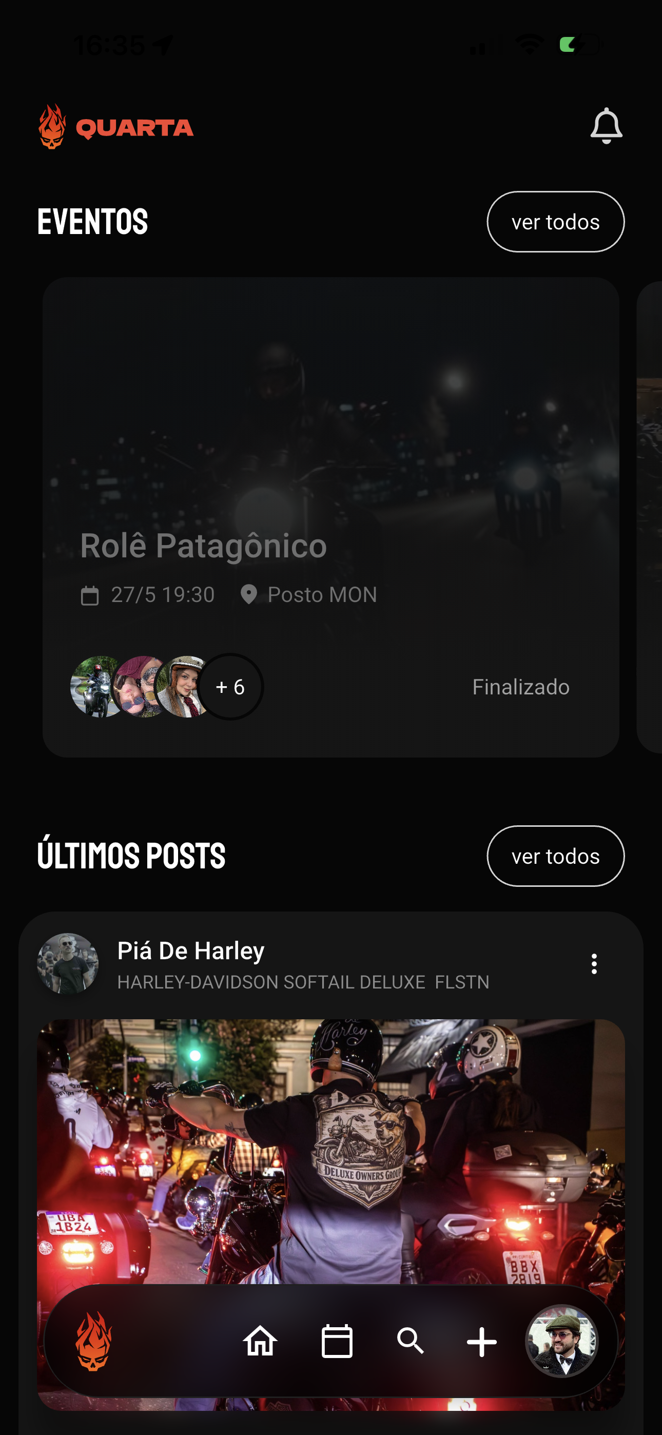Tela inicial do aplicativo QUARTA — eventos e feed